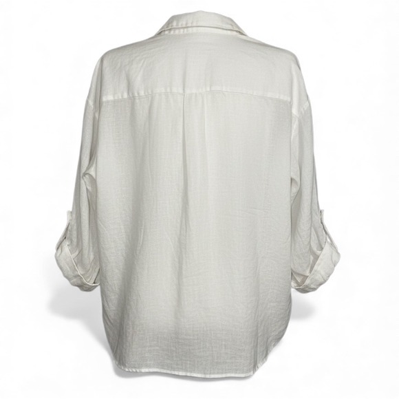 Megachoni White Linen Button Down Shirt Relaxed Fit Roll Tab Sleeve Size S - Picture 4 of 7
